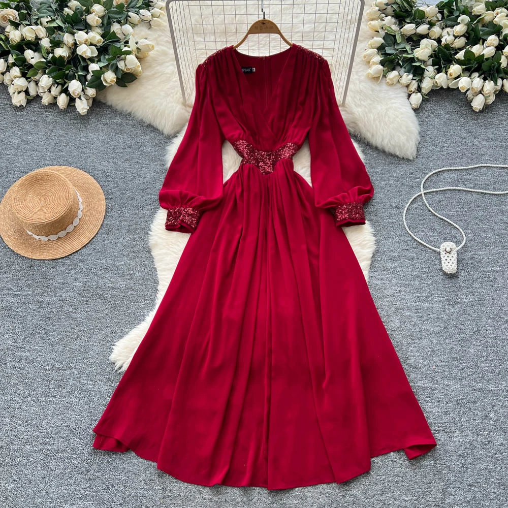 

Vintage Elegant sequin glitter Dress Korean Fashion Long dress hotsweet Women Fashion Pleated Dresses