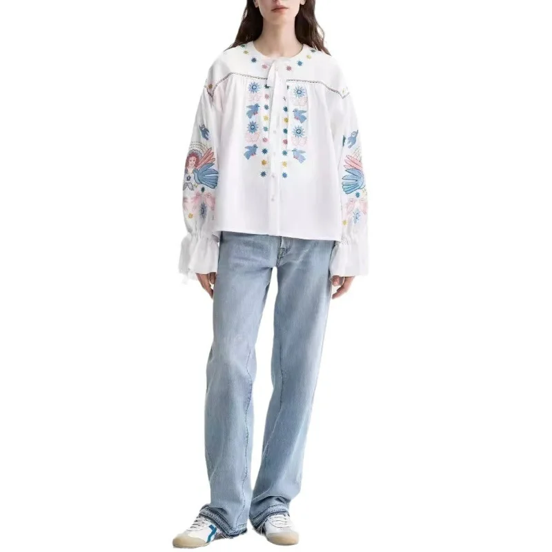 Women 2024 Early Autumn New Sweet Embroidered Round Neck Tie Lantern Sleeve Linen Shirt