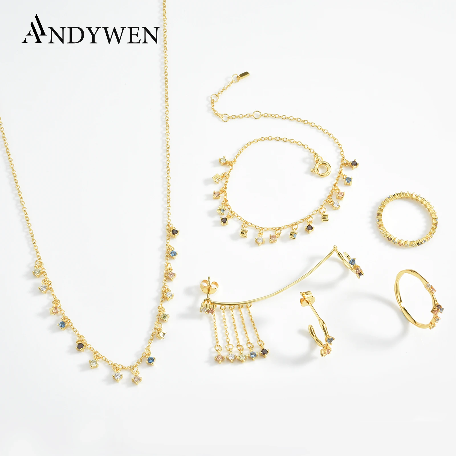 ANDYWEN 925 Sterling Silver Summer Sage Five Fox Rainbow CZ Chain Circle Drop Earring Zircon Luxury 2021 Wedding Jewelry