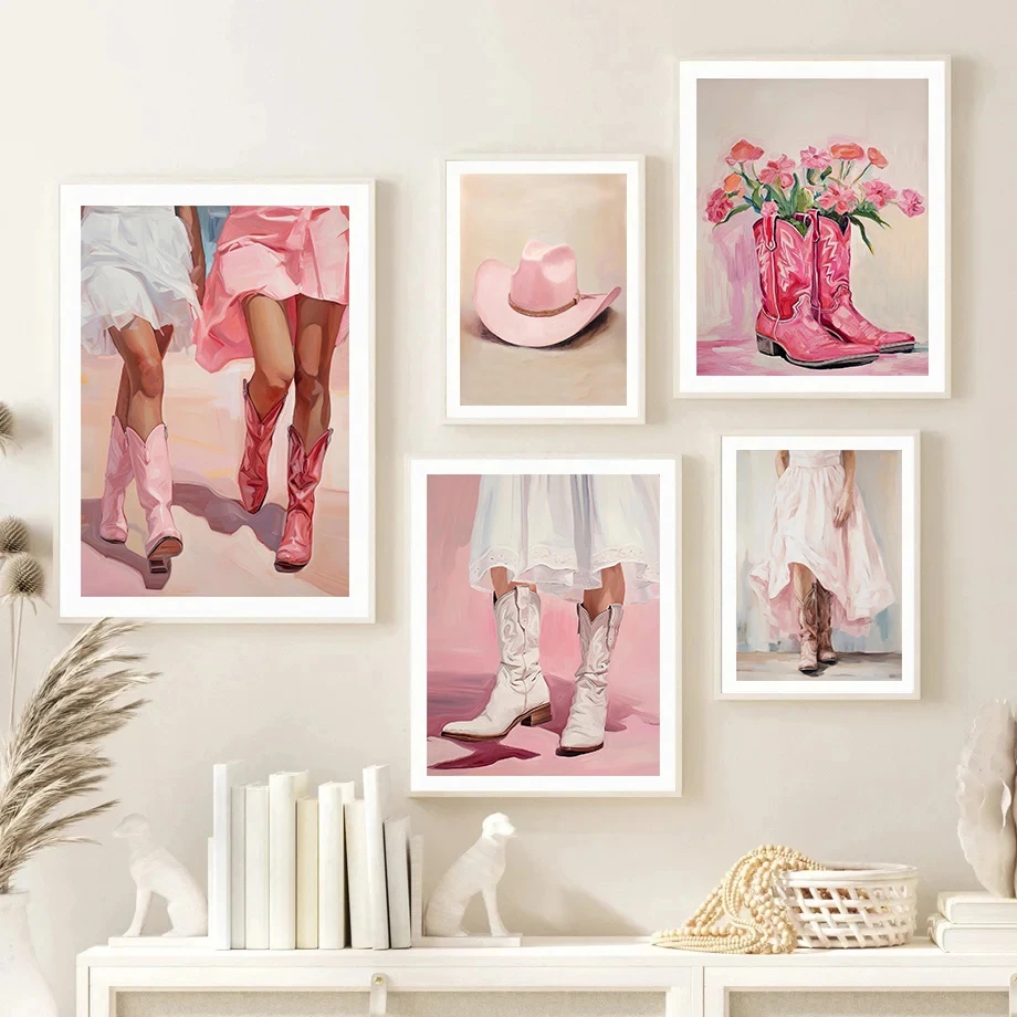 

Retro Preppy Posters Prints Coastal Pink Cowgirl Boots Flower Canvas Printing Wall Art Picture for Living Room Girly Dorm Decor