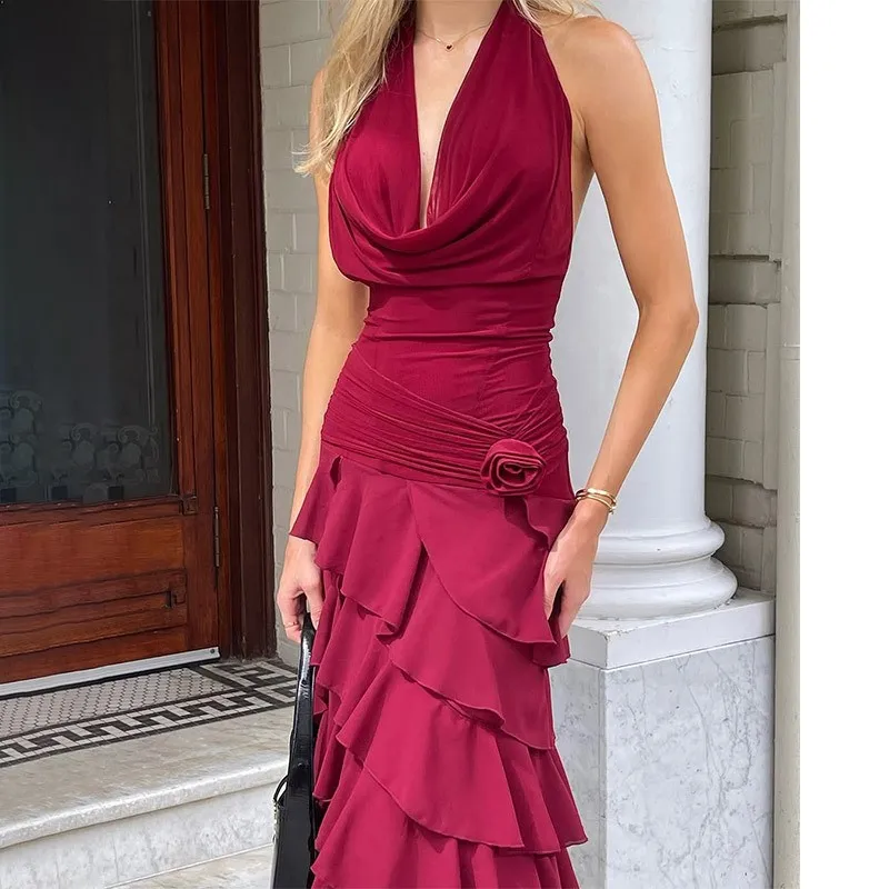 

Elegant Burgundy Dresses 2025 Summer Layered One Piece Prom Dress Midi Ruffled Sleeveless Backless Halter Dresses Evening Party