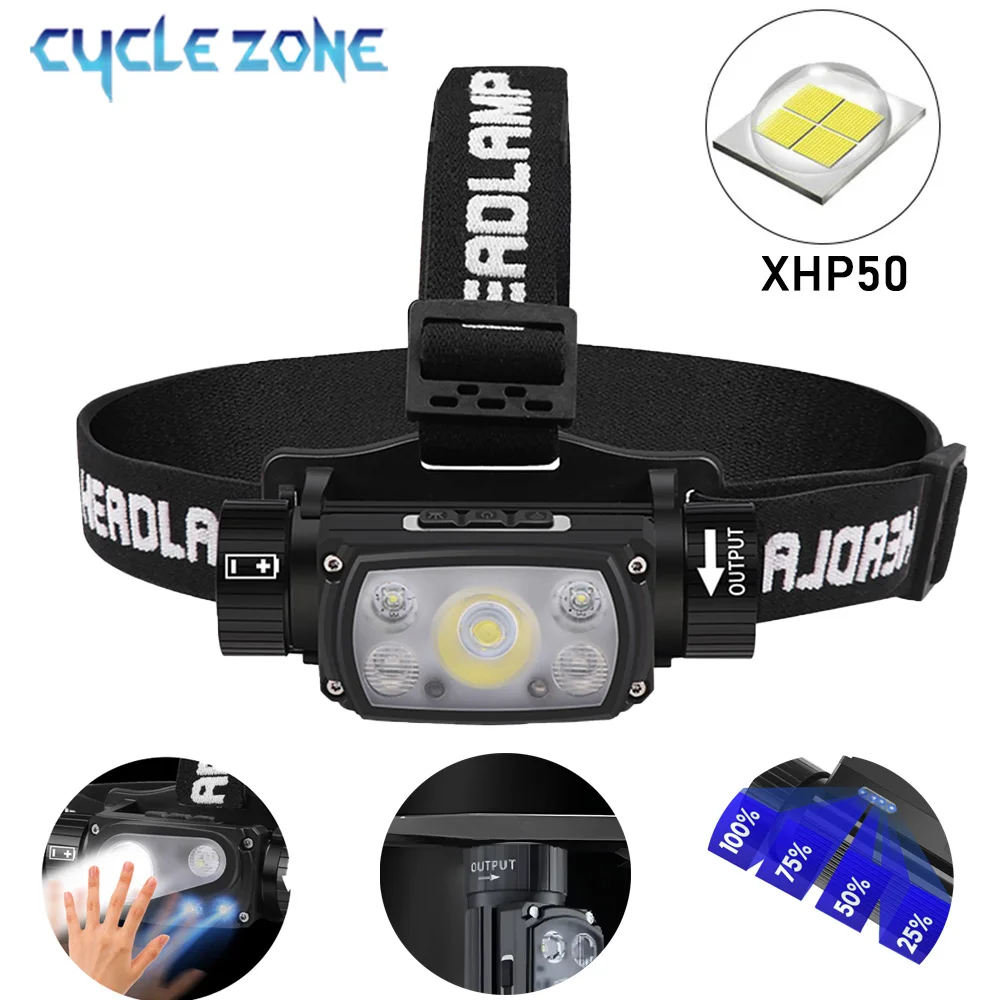 

5 LED XHP50 Sensor Headlamp TYPE-C Rechargeable Head Flashlight Outdoors Night Working Searchlight for Camping Running Flashing