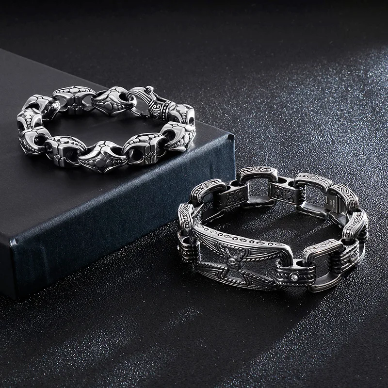 

12mm Heavy Punk Retro Cross Chain Bracelet Men Women Rock Hiphop Black Stainless Steel Charm Chunky Bike Biker Bangle Jewelry