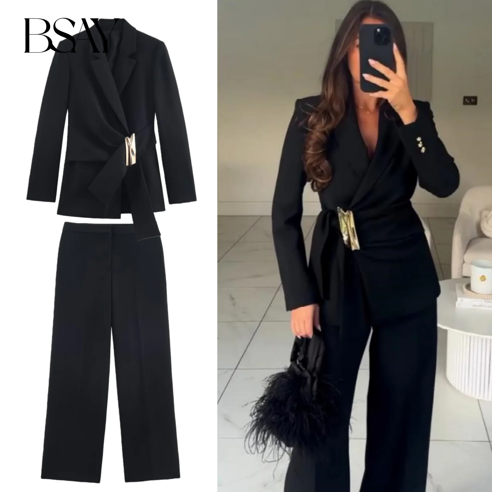 BSAY Hosen-Set, 2-teiliger Anzug, Damenbekleidung, Herbst, neue schwarze Schnalle, verzierte Blazer-Jacken, gerade Hosen mit hoher Taille