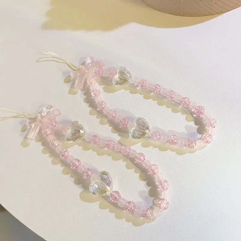 INS Korea Cute Pink Love Heart Bowknot Acrylic Imitation Pearl Beaded Phone Chain Girls Sweet Accessories Gift Bracelet Unisex