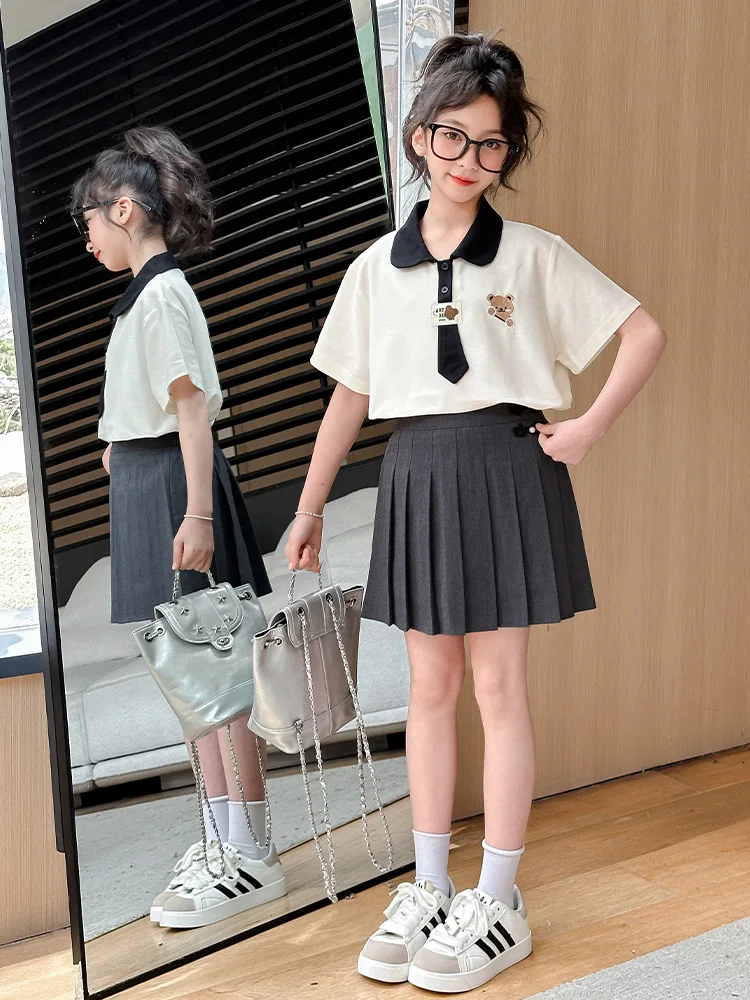 Conjunto de Uniforme Escolar para Meninas, Moda de Verão, Saia Plissada JK para Meninas Pequenas, Vestido de Manga Curta em F...