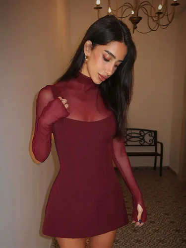 Imagen 2 del producto Ahagaga-Mini Vestidos sexis de malla para mujer, Vestidos lisos transparentes, ajustados, regulares, de manga larga, con cuello alto, ropa de calle ajustada