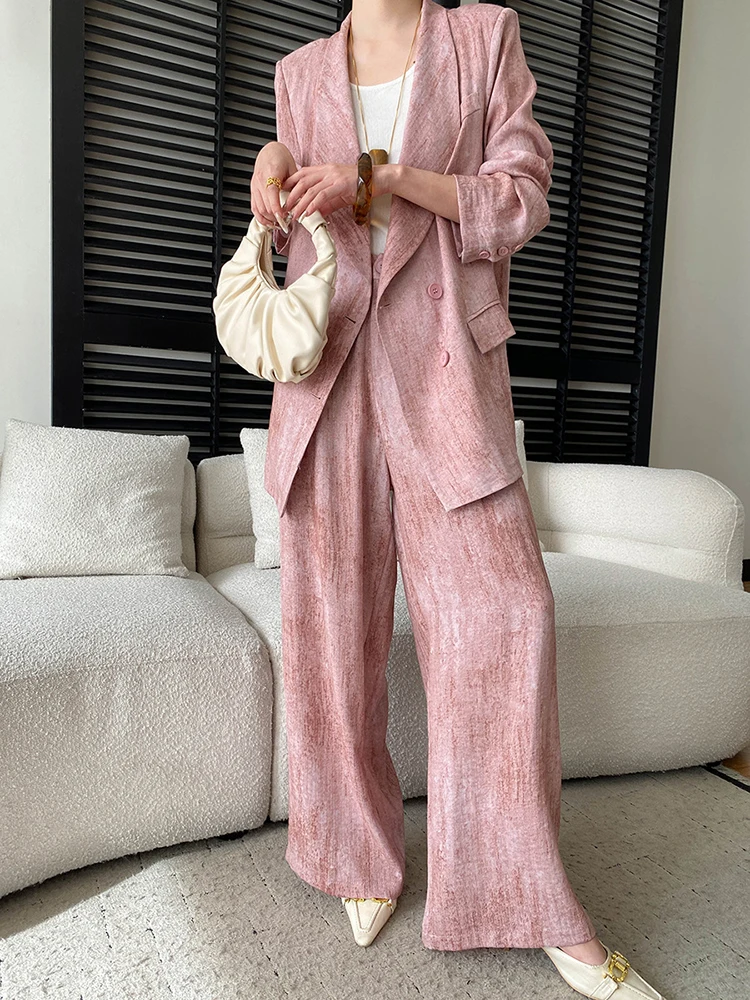 YERMORA Women's Two Pieces Set Khaki Linen Casual Blazer Lapel+High Waist Wide Leg Pants Fashion Tide Spring Autumn 2026