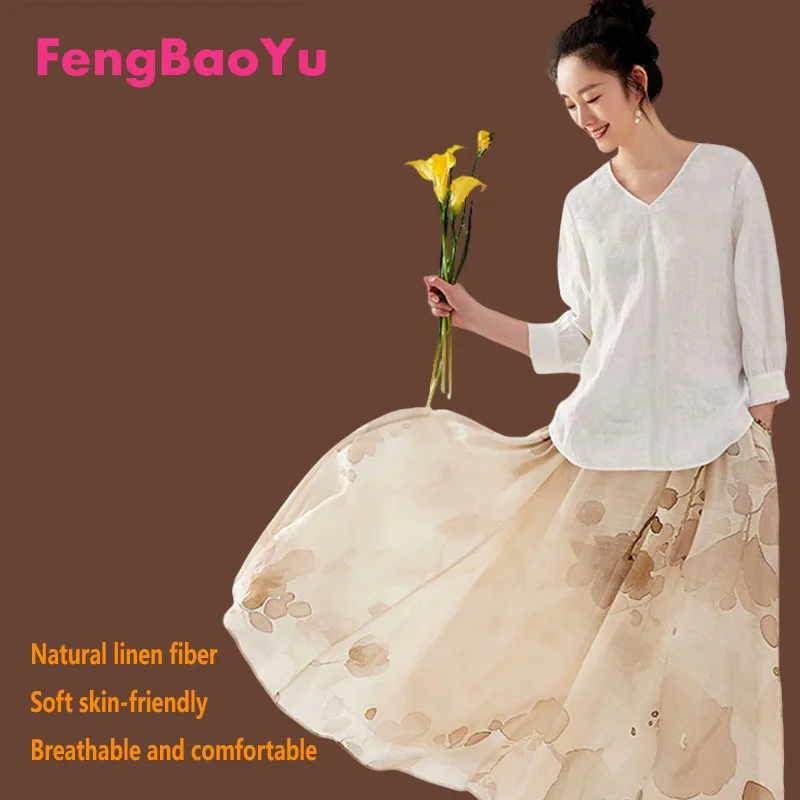 

Fengbaoyu 100% Natural Linen Women's T-shirt with Seven-Sleeve V-Neck Hooded Top - Simple, Casual, Comfortable Shirt