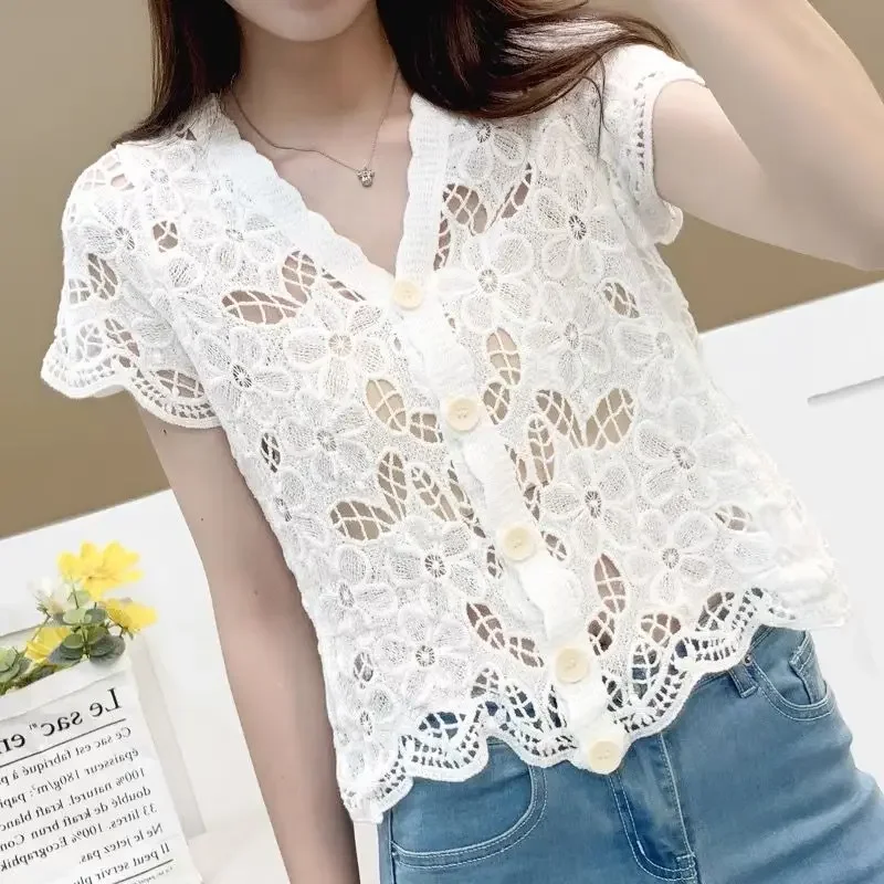 Summer New Paragraph Lace Knit Cardigan Women Korean Fashion Y2k Crop Tops Short Sleeve V-neck Cardigan Hollow Out Jacket