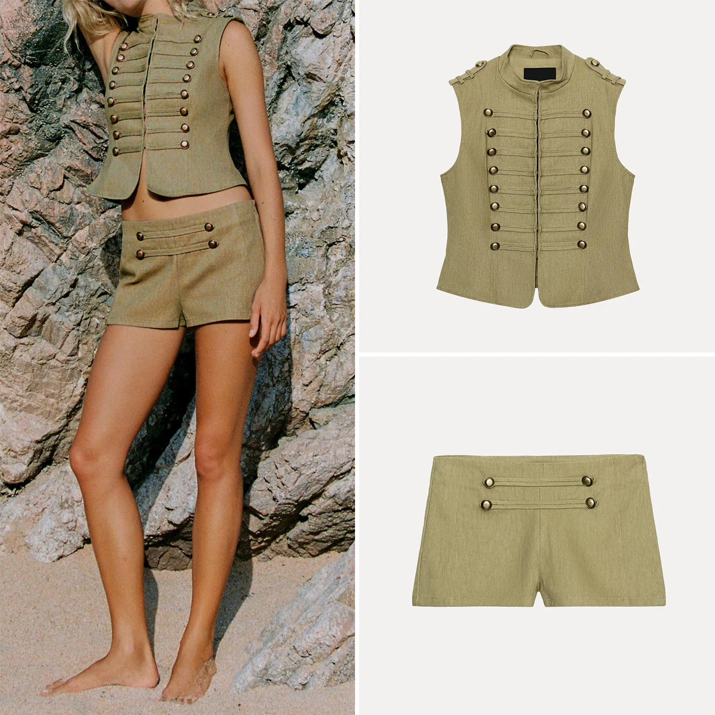 Fashionable Sleeveless Stand Collar Button Decorated Vest  Shorts Set Women's Summer Outfit ZADATA Brand Two-Piece Suit