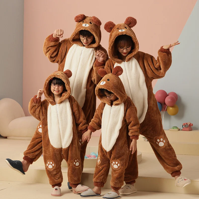 Family Parent-Child Outfit Pijamas Onesie Sleepwear Winter Thicken Pajamas Hoodies Jumpsuits Cartoon Bear Kawaii Soft Warm