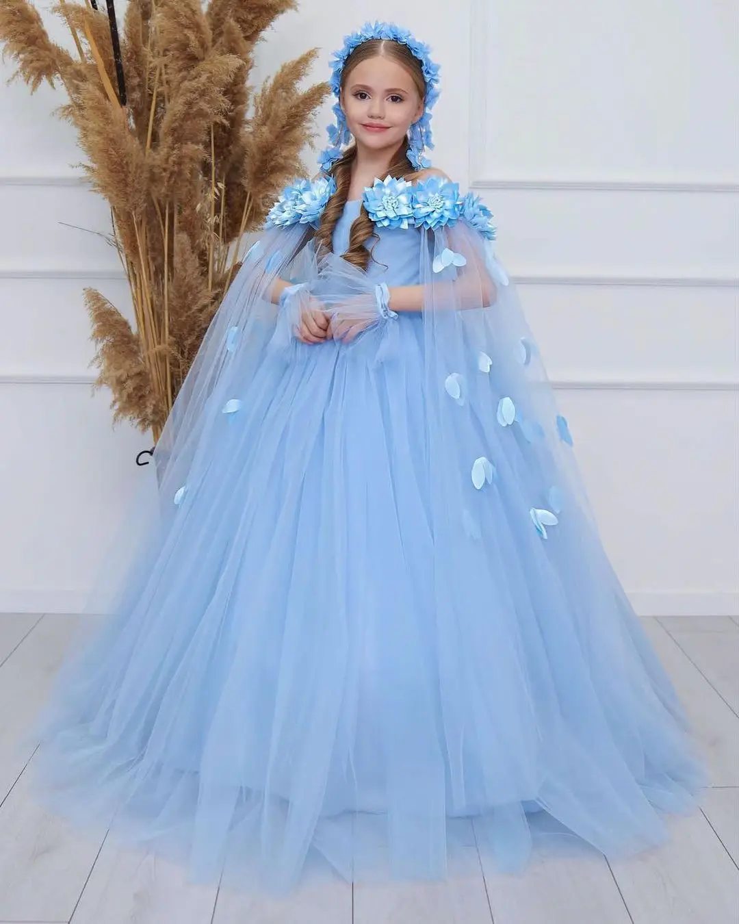 Communion Dress with Embroidery Floral Wrap Cape Princess Ball Gown Fluffy Skirt Tulle Fairy Formal Party Prom Evenin