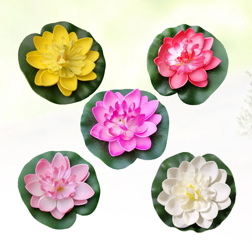 5PCS 10CM Simulation Floating Water Lily EVA Lotus Flower Pond Fish Tank Decor Ornaments (White + Yellow + Pink + Light Pink)