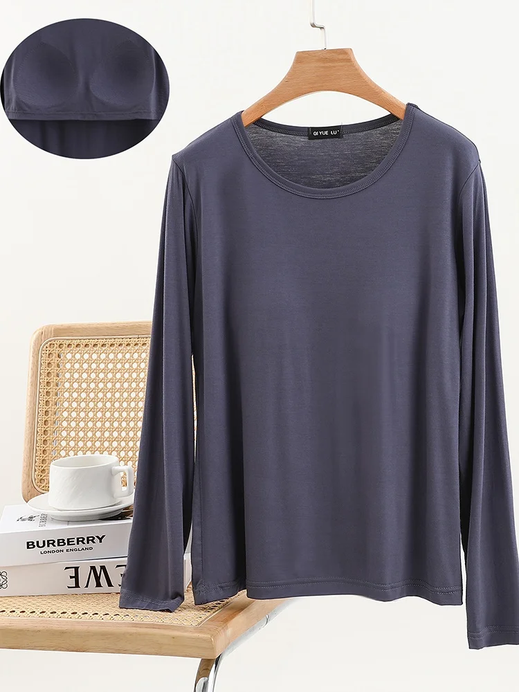 قميص نسائي بأكمام طويلة وياقة مستديرة من المودال، قميص رقيق للربيع بلون واحد، قميص أساسي بدون حمالة صدر، قطعة علوية متعددة ال... #4