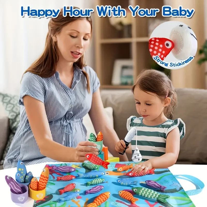 21 قطعة من ألعاب الصيد التفاعلية للأطفال - لغز تكديس الأسماك الملونة، تطوير المهارات الحسية والحركية