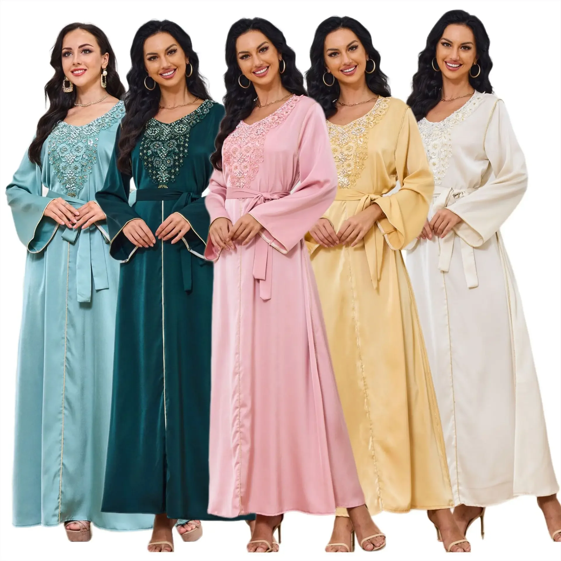 Women Eid Muslim Dresses Dubai Arab Kaftan Islam Gorgeous Party Dress Morocco Vestidos Loose Graceful Belt Pearls Ruffles