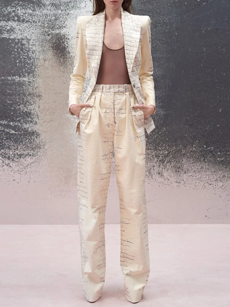 HIGH STREET Newest 2026 Designer Suit Set Women's Crocodile Skin Patterned LeatherBlazer Pants Set 2PCS