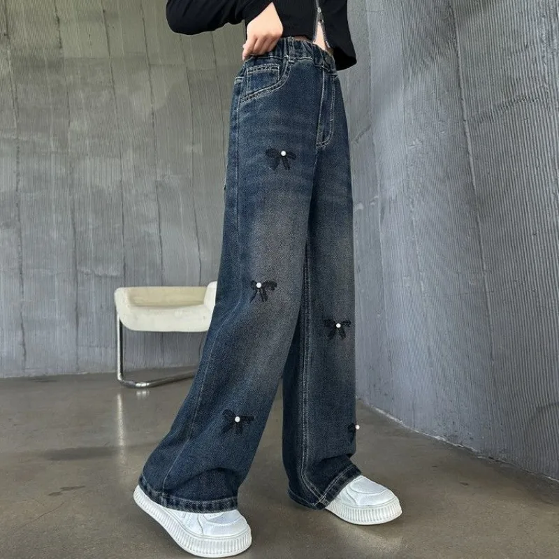 

2025 New Girls' Denim Wide-Leg Pants Spring/Fall Plus Size Stylish Butterfly Design Casual Pants For Toddler & Kids