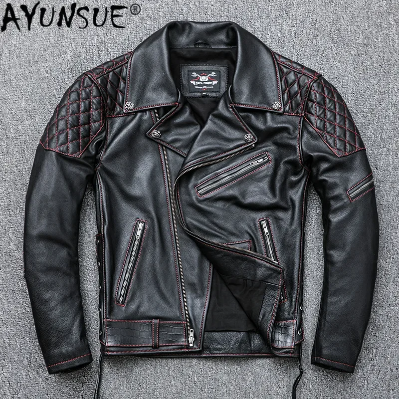 

AYUNSUE Real Cow Leather Jacket Men Motorcycle Genuine Leather Coat Cowhide Biker Men's Genuine Leather Jackets 2020 KJ4729