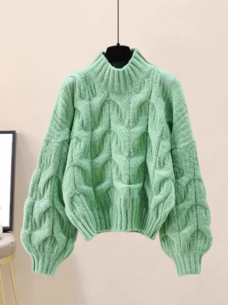 Damski sweter z golfem, luźny krój, kombinezon, jesienno-zimowa, modna, swobodna odzież dzianinowa.