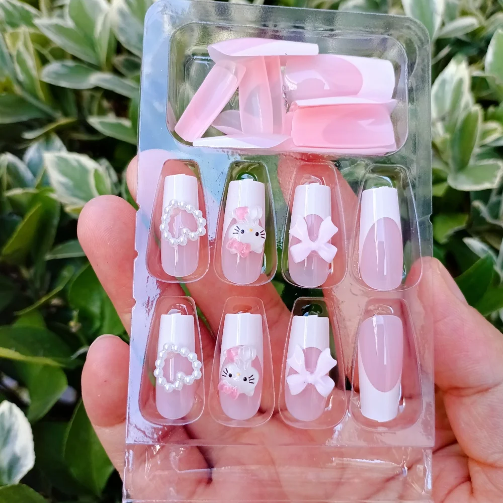 24枚入り ハンドメイド ピンク フレンチ ハローキティ つけ爪 カワイイ キティ猫/パール/リボン ロングバレリーナ風付け爪 漫画風キティネイルチップ