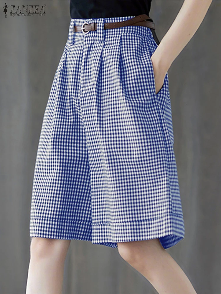 ZANZEA Woman Casual High Waist Gingham Shorts 2025 Summer Loose Checked Wide-Leg Shorts Day Wear Commuting Knee-Length Pants