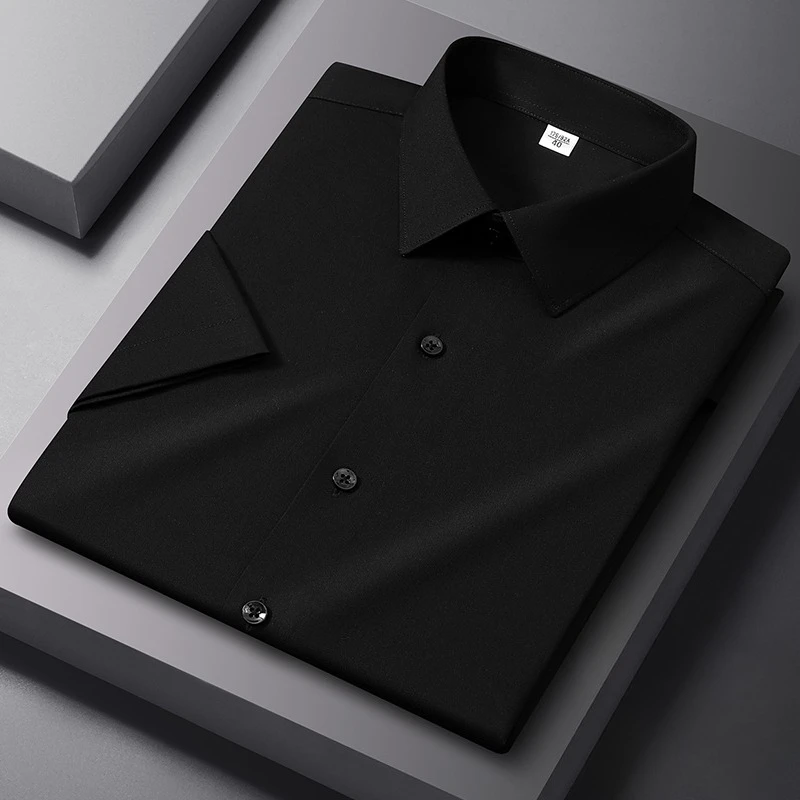 

New in shirt plus size 8xl short sleeve shirts for men slim fit formal shirt solid color office business Silk black clothes