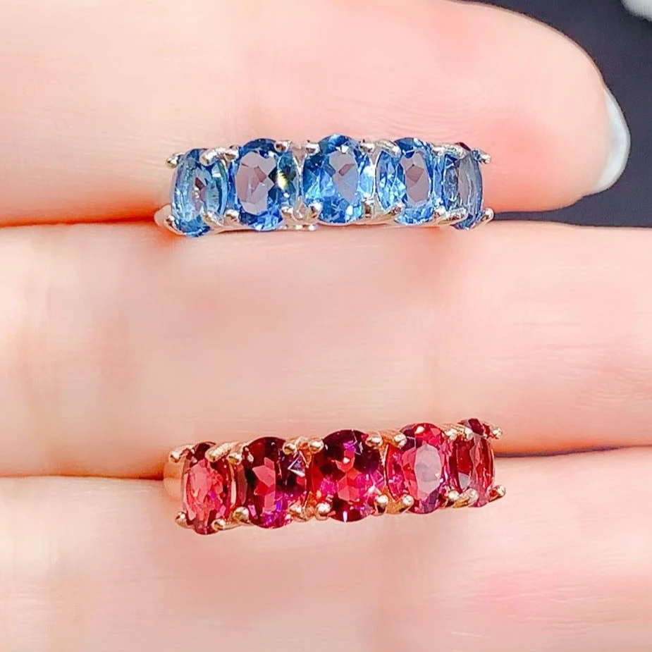 

925 Sterling Silver Natural Garnet & Blue Topaz Eternity Band Rings Certified Fine Jewelry Oval Cut Half Eternity Gemstone Rings