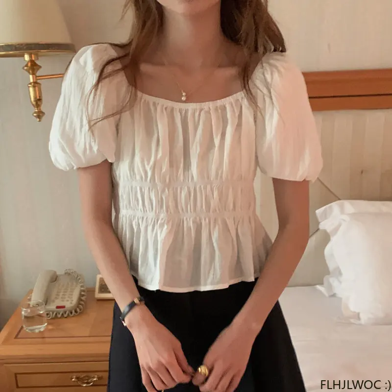 Flhjlwoc-Blusa curta fora do ombro para mulheres, branco sólido, blusa sexy, design chique, moda coreana, verão, 2022