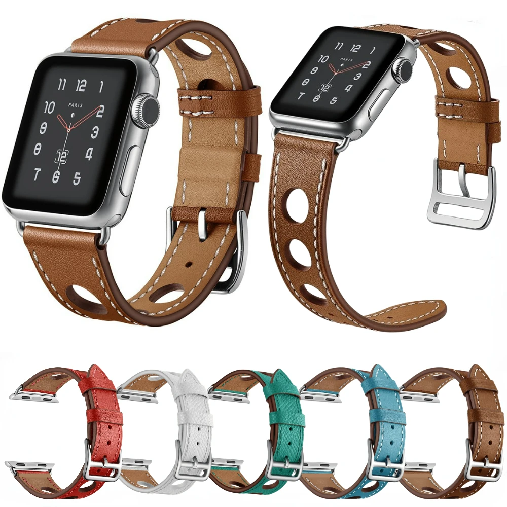 

Leather Strap for Apple Watch Band 44mm 40mm 45mm 41mm 49mm 42 38mm Breathable Bracelet for iWatch Series Ultra 9 8 7 6 5 4 3 SE