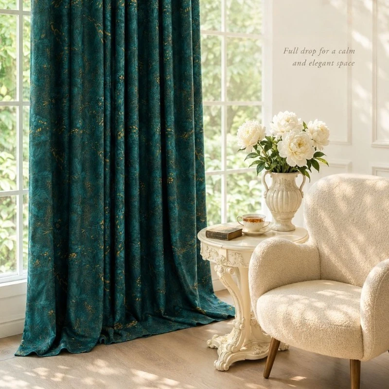 French Mid-century Style Curtains with Full Blackout Printed Chenille Curtains for Living Dining Room Bedroom Custom Size Drapes