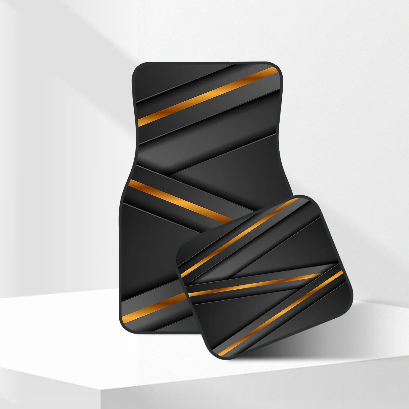 2D, A Set Of Four High-End Black And Golden Geometric Line Printed Car Floor Mats - Easy To Clean, Suitable For Decoration And P