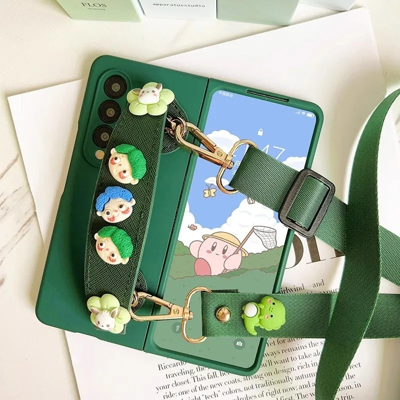 Cute Cartoon Flower WristBand Holder Green Matte Case Cover With Crossbody Long Strap For Samsung Galaxy Z Fold 7 6 5 4 3 2 5G
