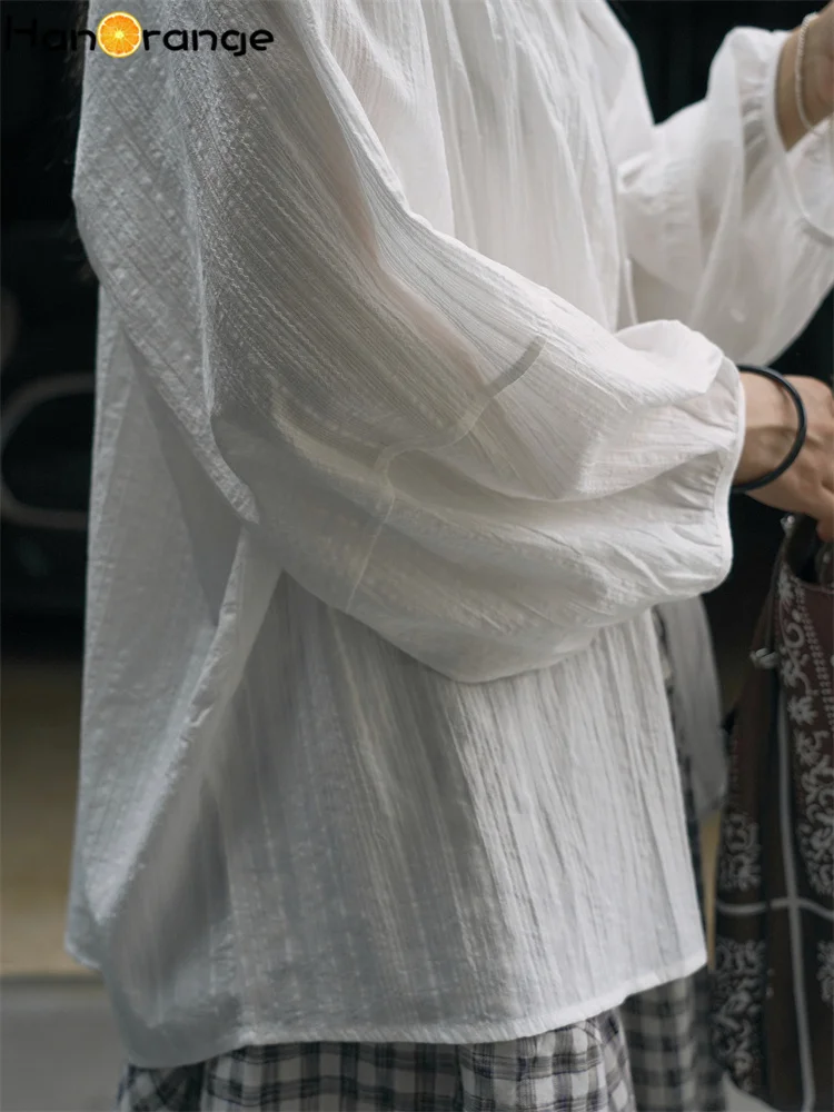 HanOrange 2025 Summer Reduced Age O-Neck Vertical Pattern Shirt Women Comfortable Breathable Loose Silhouette Top White