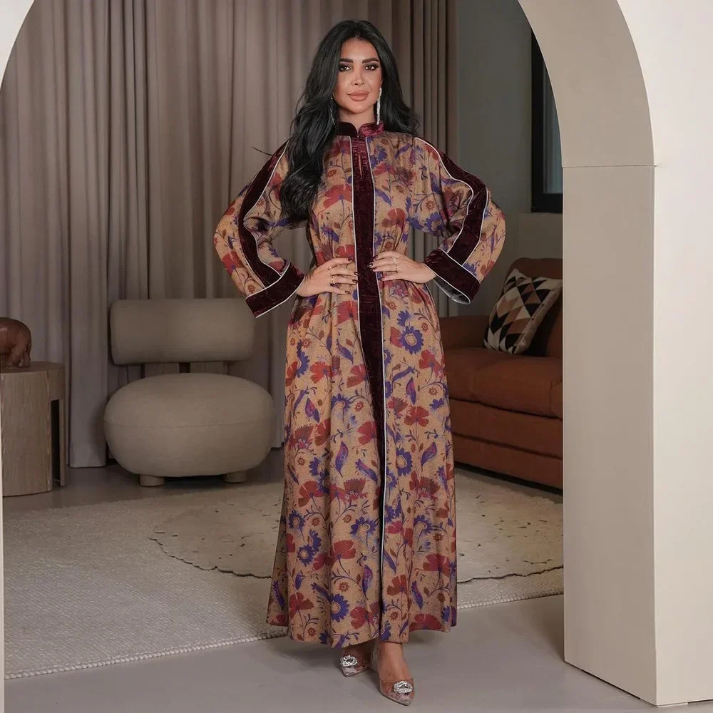

Retro Red Floral Printed Abaya Muslim Women Velvet Patchwork Long Dress Loose Robe Stand Round Collar Jalabiya Casual Kaftan Eid