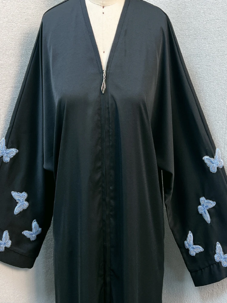 Eid Muslim Abayas for Women Butterfly Embroidery Zipper Up Cardigan Party Abaya Caftan Ramadan Dubai Arab Long Robe 2024 Dress