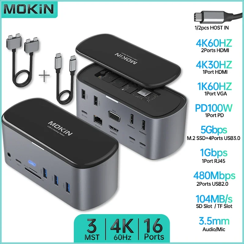 MOKiN 16 in 1/2 Docking Station for MacBook Air/Pro, iPad, Thunderbolt Laptop - USB3.0, HDMI 4K60Hz, PD 100W, RJ45 1Gbps, Audio