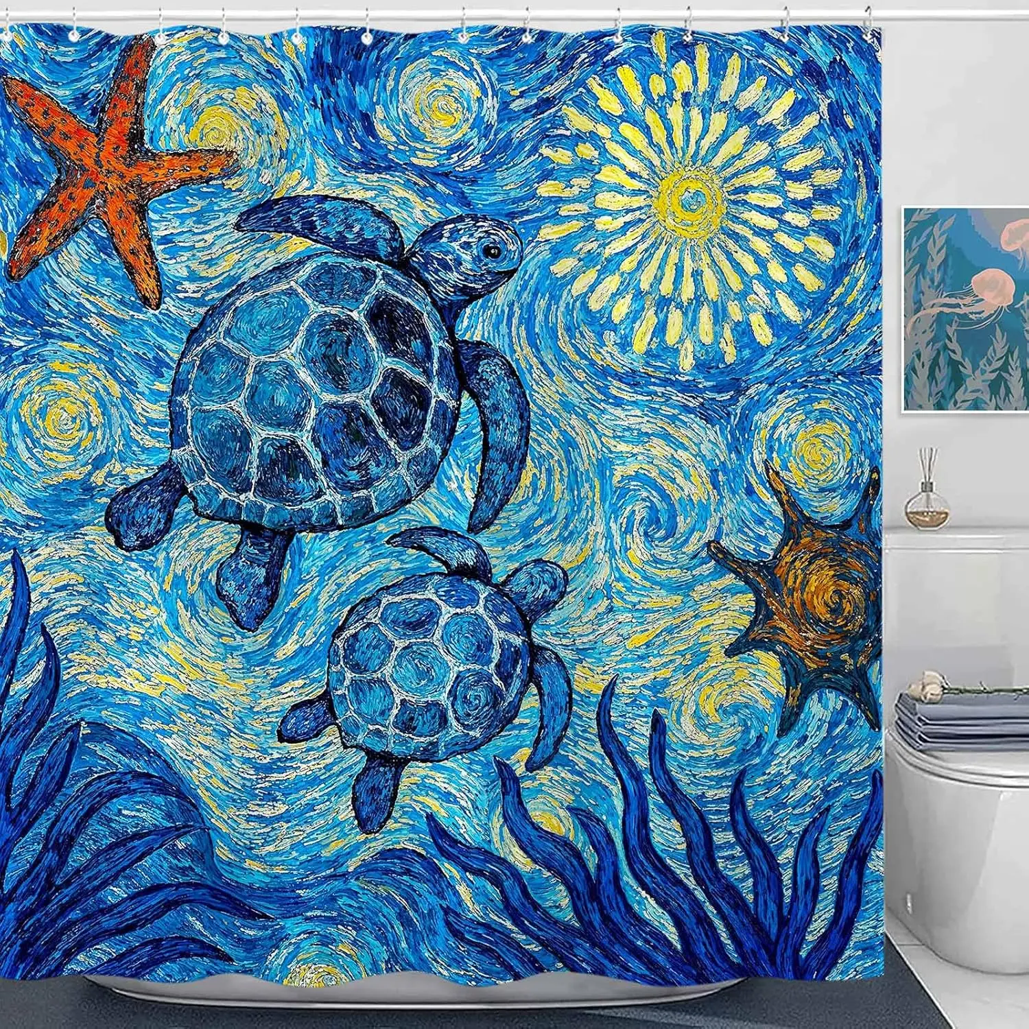 

Serene Sea Turtle Shower Curtain Set Starry Ocean Art Waterproof Bathroom Shower Curtain Peaceful Marine Life Print Coast