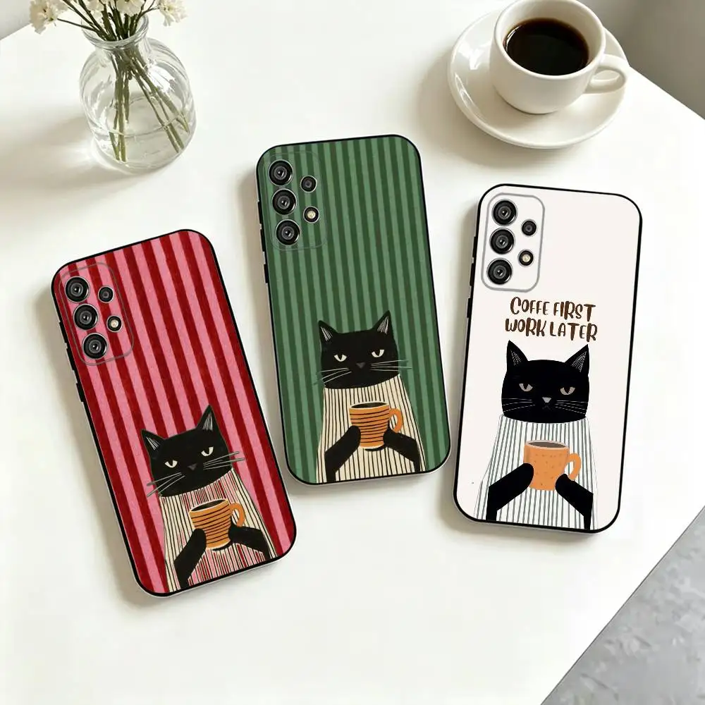 Striped-D C-Coffee Cat  Phone Case For Samsung S25,S24,S21,S22,S23,S30,Ultra,S20,Plus,Fe,Lite,Note,10,Black Cover Gift