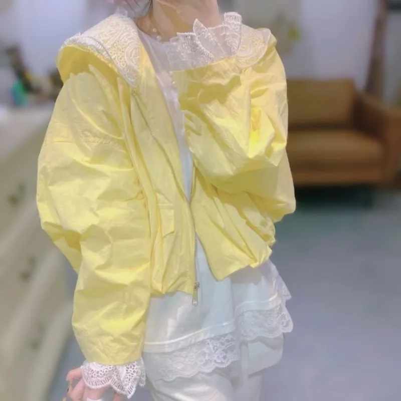 2026 Spring and Summer New Splicing Lace Edge Sunscreen Hooded Jacket Women's Fashion Foreign Style Versatile Thin Cardigan