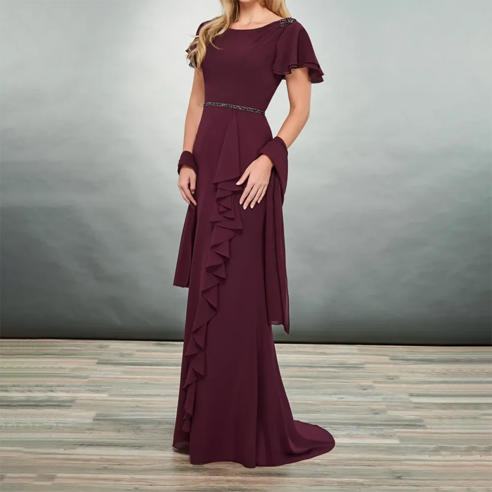 Eleagnt Grape mother of the bride dress Chiffon with Beaded Waist Praty Dress with Wrap High Quality