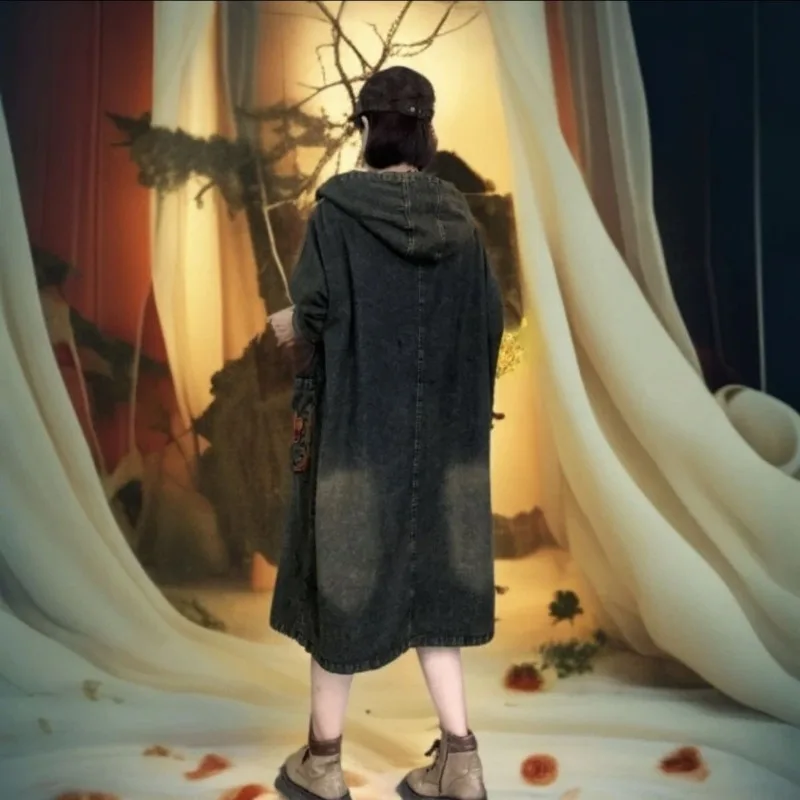 100 كجم يمكن ارتداؤها في الخريف جديد مقلي اللون الرجعية الدنيم معطف طويل خندق المألوف فضفاض كبير الحجم الملابس النسائية