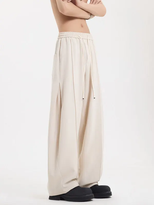 

Qui Dry Ice Silk Men's Casual Pants Summer Thin Pleated Design Drapey Wide Leg Loose Straight Long Trousers Faionable Str...