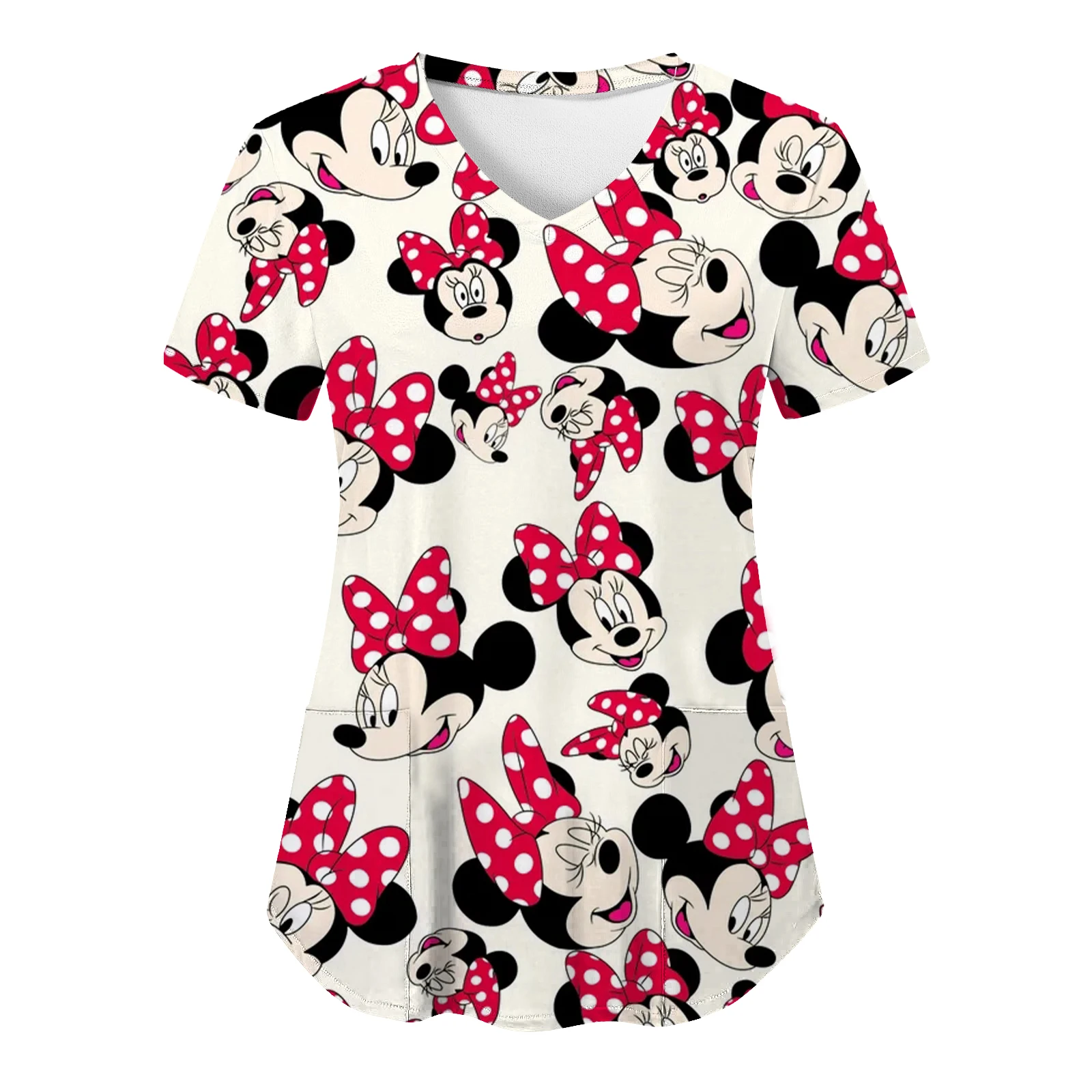 T-shirt d'uniforme d'infirmière avec poche pour femme, vêtements Minnie Mouse, col en V, haut d'hôpital en Y, t-shirts d'été