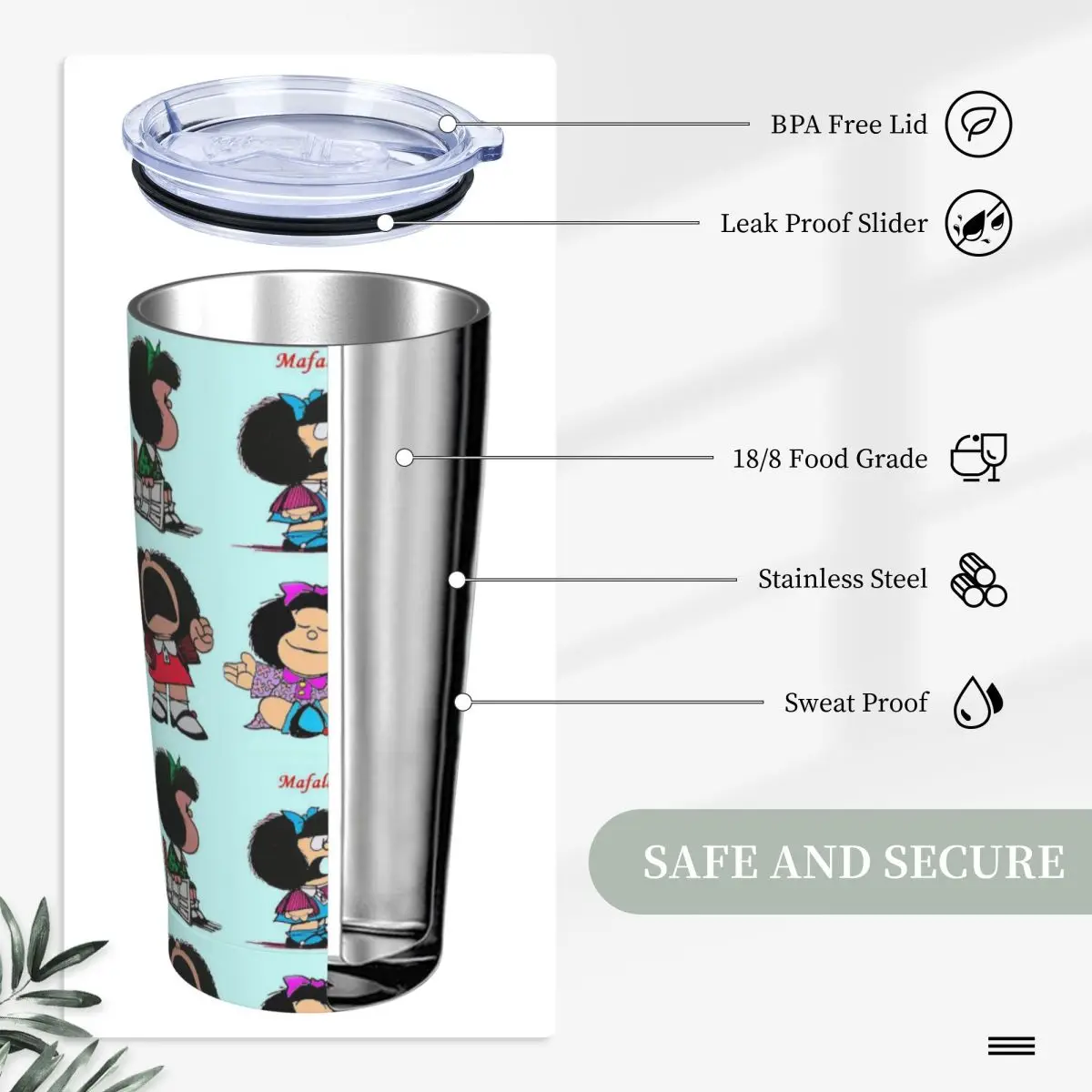 Mafalda Tumbler isolato sottovuoto Kawaii Cute Amine tazze da caffè boccetta sottovuoto tazza a doppia parete bottiglia d\'acqua, 20oz