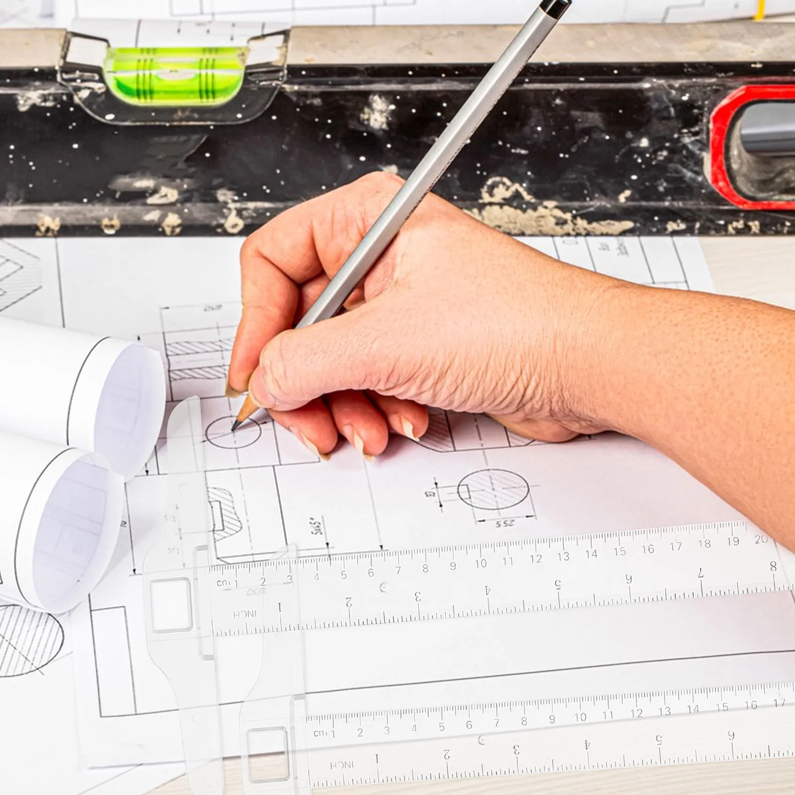2Pcs T Shape Ruler Double Side Centimeter Scale Plastic Measuring Tool 30Cm Precision Drafting Layout Engineers Architects