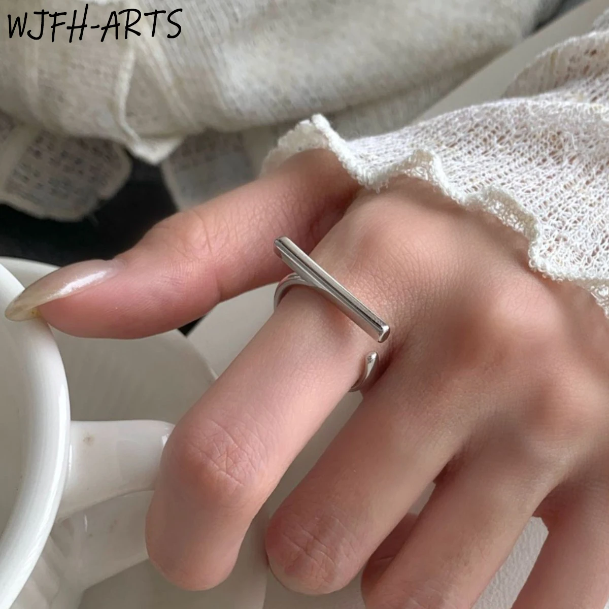 WJFH-ARTS 925 Silver-Plated Minimalist Geometric Lines Metal Open Ring Women Niche Creative Adjustable Ring Party Jewelry Gifts