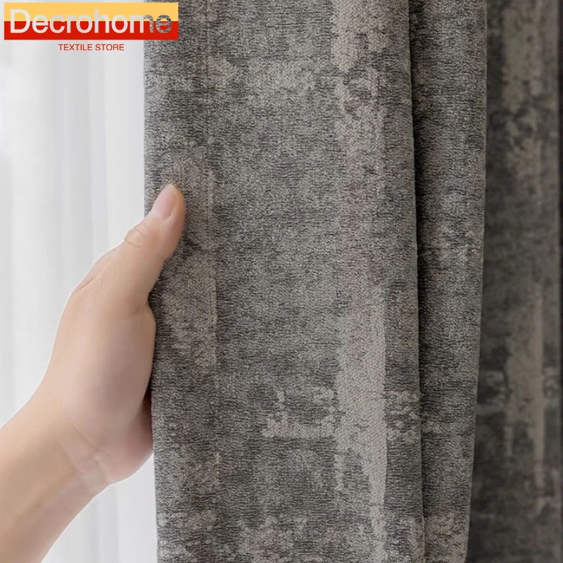 

Grey Jacquard Chenille Thickened Full Shading Curtains for Living Room Bedroom French Window Balcony Window Customized Finished