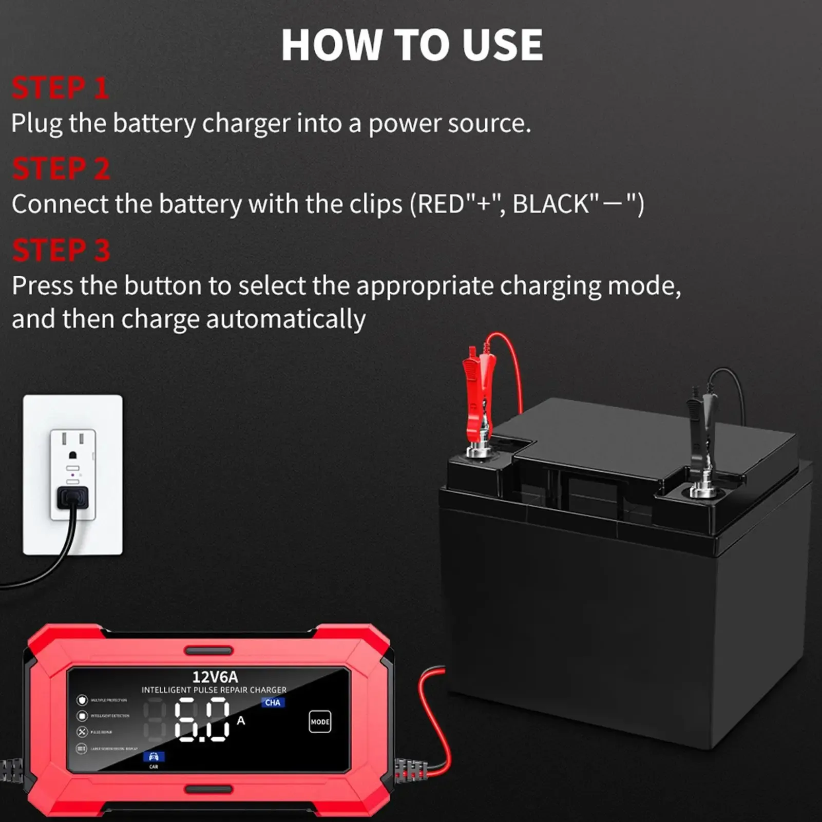 Caricabatteria per auto intelligente 6A 12V, display LCD, piombo-acido per auto moto, batteria start stop, AGM, EFB, GEL, utilizzo batteria